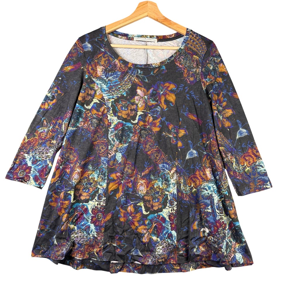 Peruvian Connection Pima Cotton Floral Peacock Tunic Top XS S Gray Multi